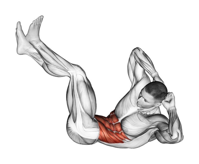crunch con torsione a gambe sollevate - esercizio per addominali