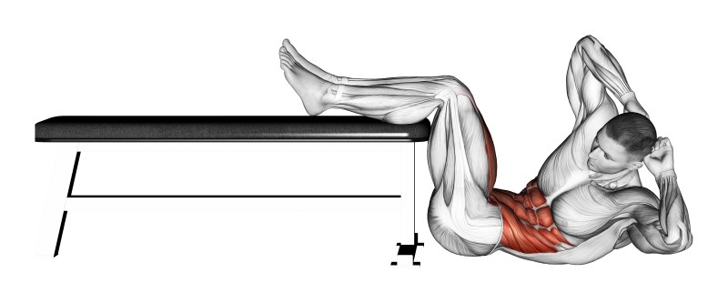 crunch con torsione con gambe su panca - esercizio per addominali